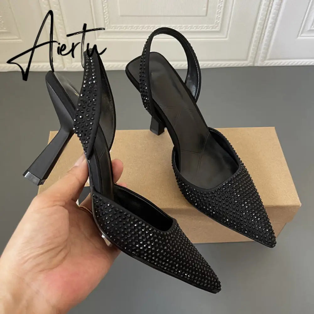 Aiertu Spring Women Sandal Shoes Thin High Heel Pointed Toe Slingback Sandals Ladies Fashion Bling Cystal Party Dress Sh Aiertu