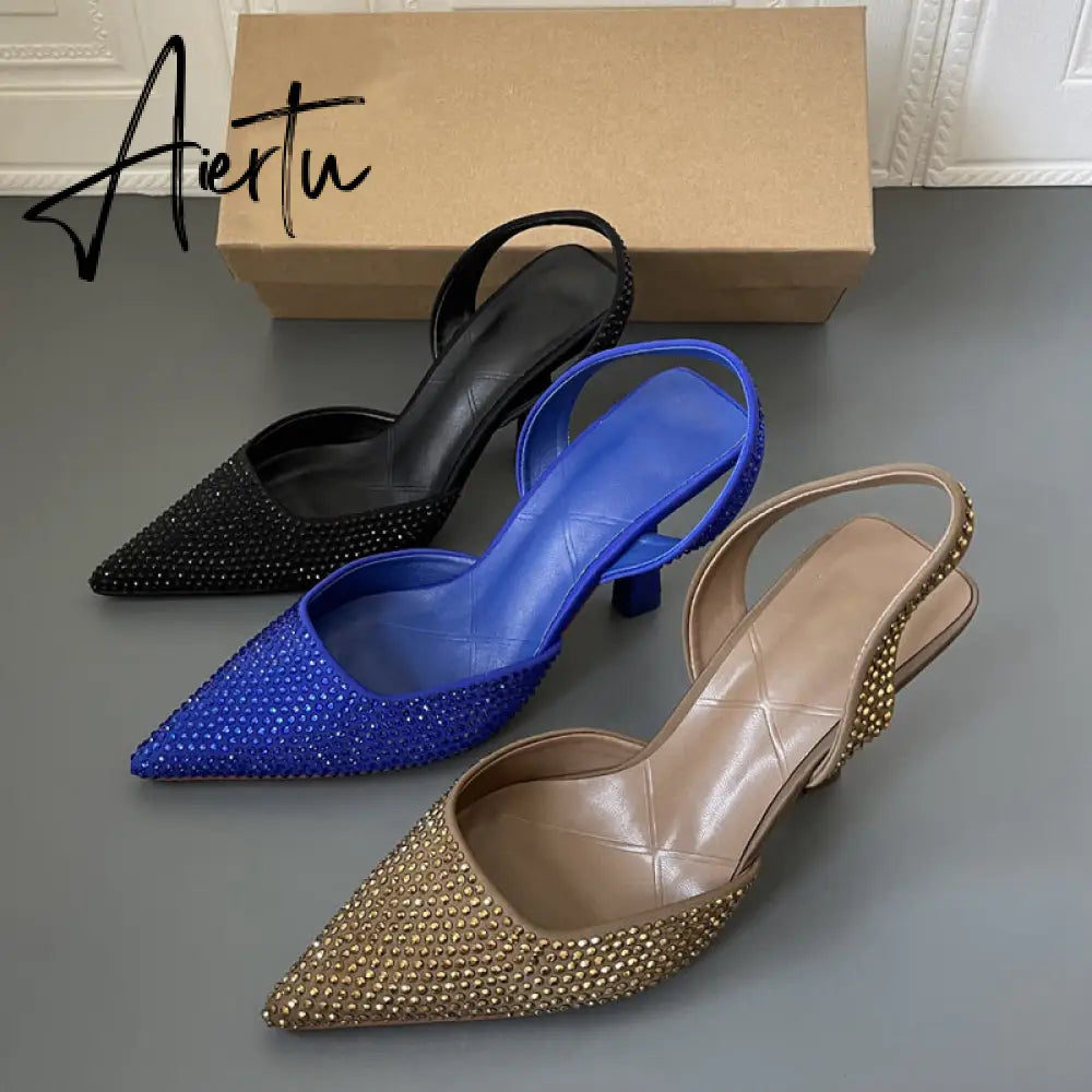 Aiertu Spring Women Sandal Shoes Thin High Heel Pointed Toe Slingback Sandals Ladies Fashion Bling Cystal Party Dress Sh Aiertu