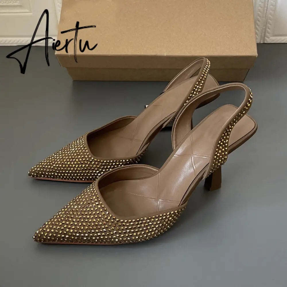 Aiertu Spring Women Sandal Shoes Thin High Heel Pointed Toe Slingback Sandals Ladies Fashion Bling Cystal Party Dress Sh Aiertu