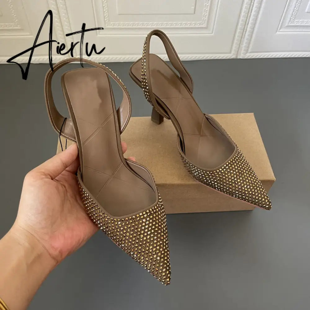 Aiertu Spring Women Sandal Shoes Thin High Heel Pointed Toe Slingback Sandals Ladies Fashion Bling Cystal Party Dress Sh Aiertu