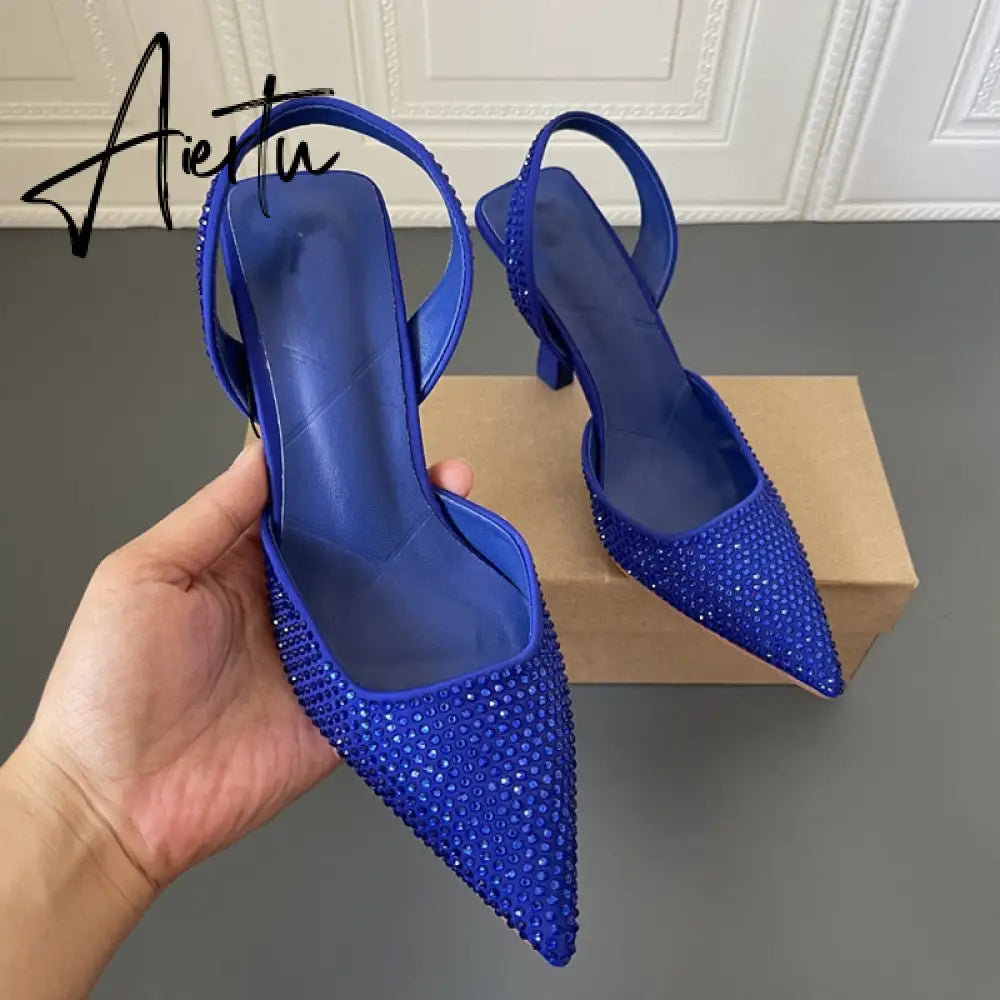 Aiertu Spring Women Sandal Shoes Thin High Heel Pointed Toe Slingback Sandals Ladies Fashion Bling Cystal Party Dress Sh Aiertu