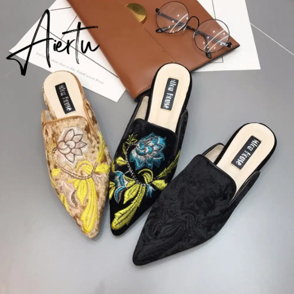 Aiertu  Spring Women Slipper Embroidery Flower Sandal Shoes Slip On Pointed Toe Mules Low Heel Casual Slides Big Size 41 Aiertu