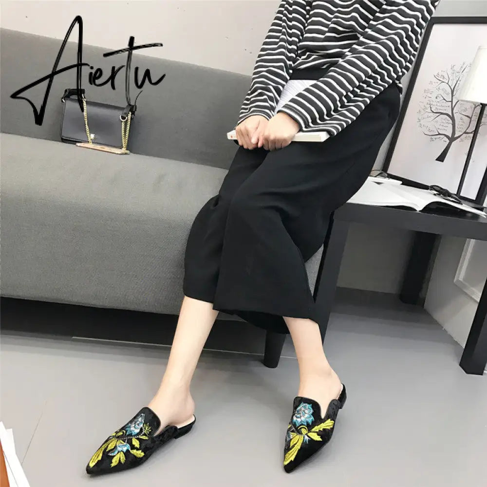 Aiertu  Spring Women Slipper Embroidery Flower Sandal Shoes Slip On Pointed Toe Mules Low Heel Casual Slides Big Size 41 Aiertu