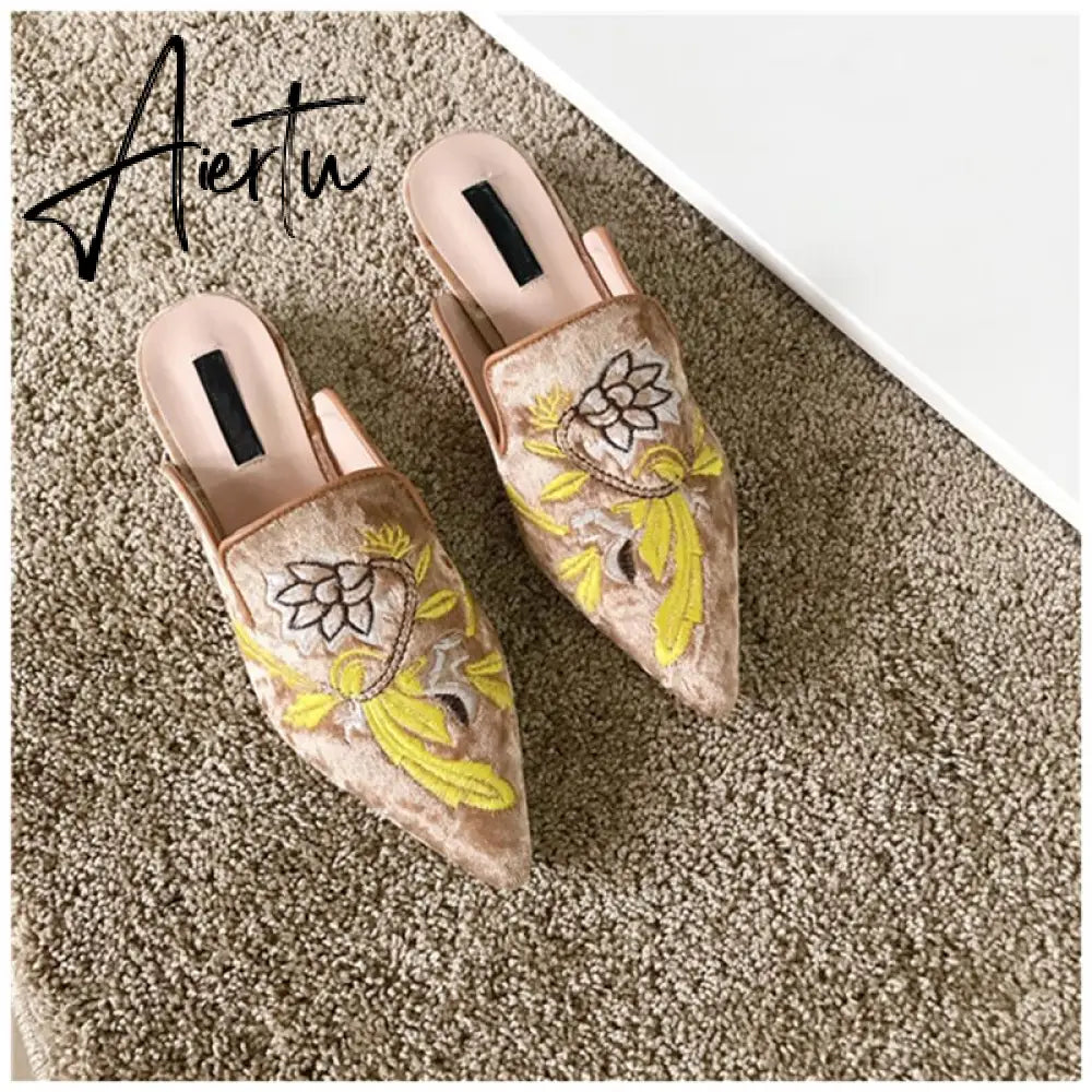 Aiertu  Spring Women Slipper Embroidery Flower Sandal Shoes Slip On Pointed Toe Mules Low Heel Casual Slides Big Size 41 Aiertu