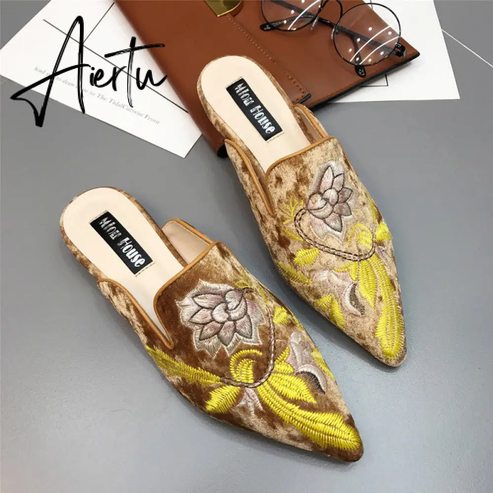 Aiertu  Spring Women Slipper Embroidery Flower Sandal Shoes Slip On Pointed Toe Mules Low Heel Casual Slides Big Size 41 Aiertu