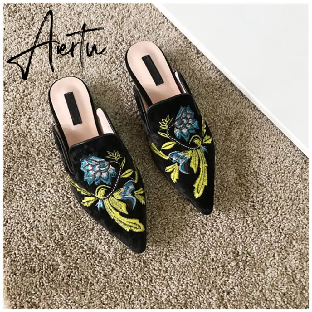 Aiertu  Spring Women Slipper Embroidery Flower Sandal Shoes Slip On Pointed Toe Mules Low Heel Casual Slides Big Size 41 Aiertu