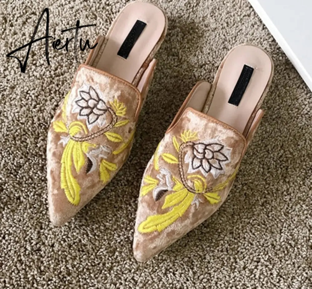 Aiertu  Spring Women Slipper Embroidery Flower Sandal Shoes Slip On Pointed Toe Mules Low Heel Casual Slides Big Size 41 Aiertu