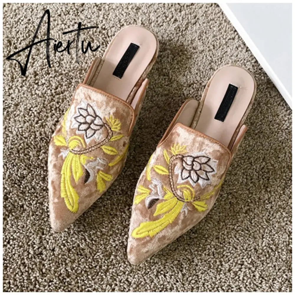 Aiertu  Spring Women Slipper Embroidery Flower Sandal Shoes Slip On Pointed Toe Mules Low Heel Casual Slides Big Size 41 Aiertu