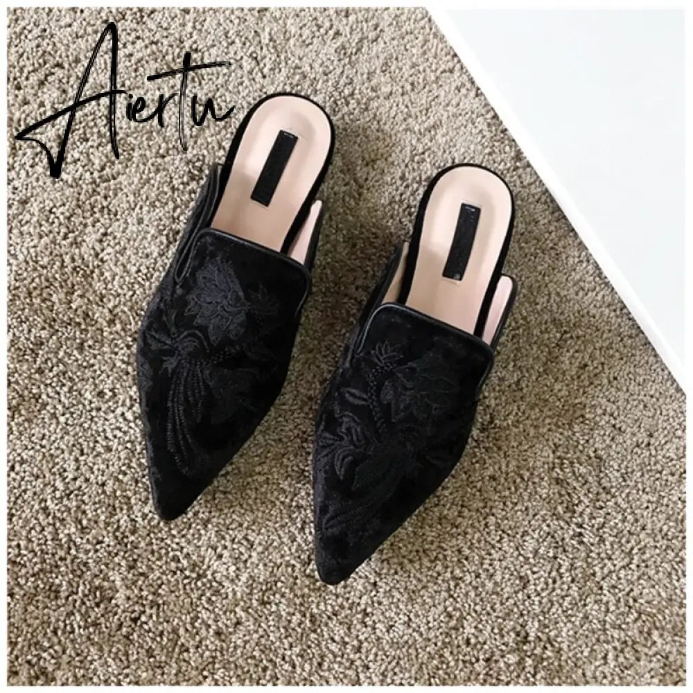 Aiertu  Spring Women Slipper Embroidery Flower Sandal Shoes Slip On Pointed Toe Mules Low Heel Casual Slides Big Size 41 Aiertu