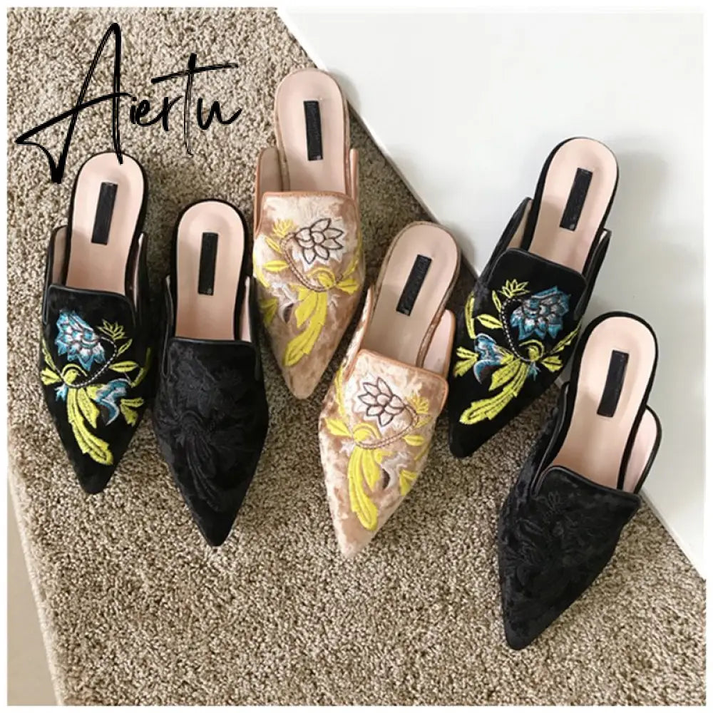 Aiertu  Spring Women Slipper Embroidery Flower Sandal Shoes Slip On Pointed Toe Mules Low Heel Casual Slides Big Size 41 Aiertu