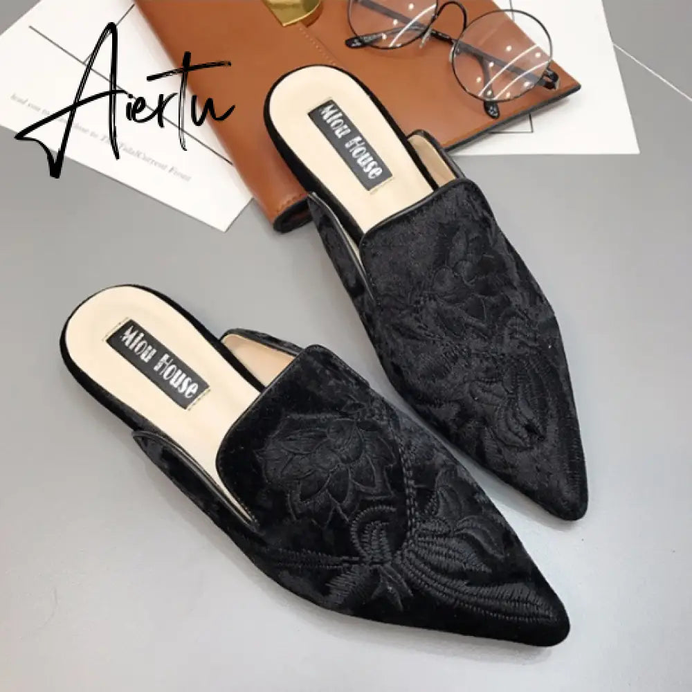 Aiertu  Spring Women Slipper Embroidery Flower Sandal Shoes Slip On Pointed Toe Mules Low Heel Casual Slides Big Size 41 Aiertu