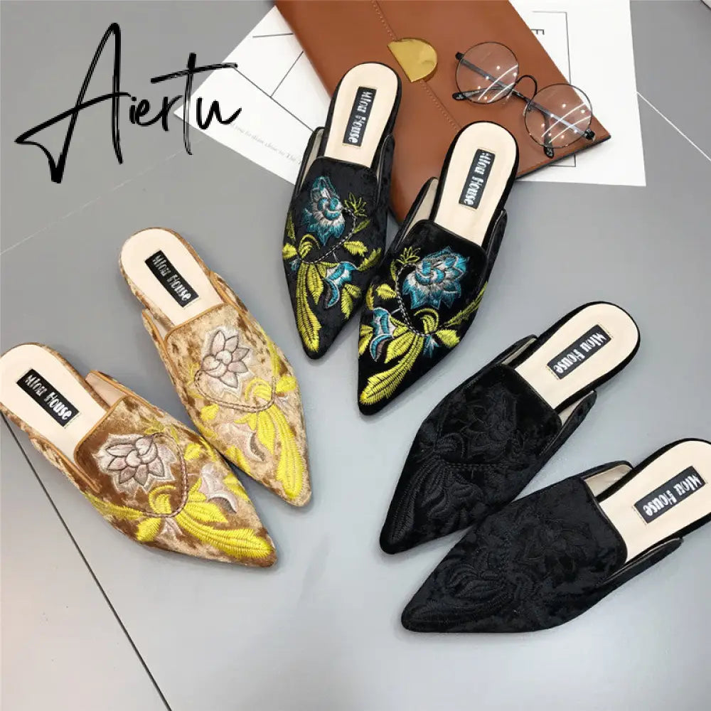 Aiertu  Spring Women Slipper Embroidery Flower Sandal Shoes Slip On Pointed Toe Mules Low Heel Casual Slides Big Size 41 Aiertu