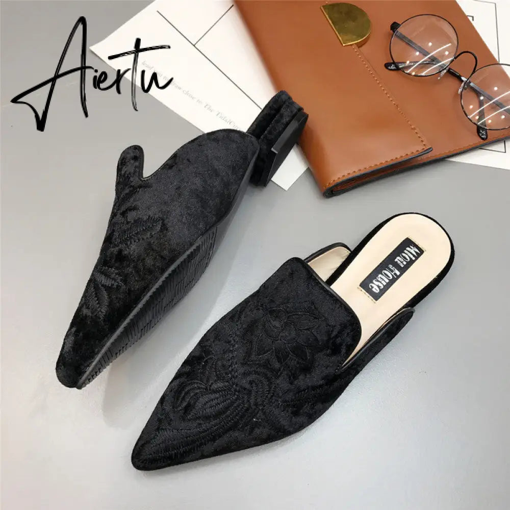 Aiertu  Spring Women Slipper Embroidery Flower Sandal Shoes Slip On Pointed Toe Mules Low Heel Casual Slides Big Size 41 Aiertu