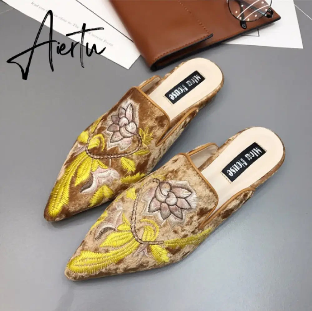 Aiertu  Spring Women Slipper Embroidery Flower Sandal Shoes Slip On Pointed Toe Mules Low Heel Casual Slides Big Size 41 Aiertu