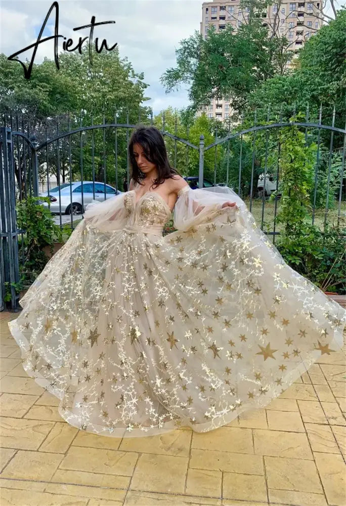 Aiertu  Star Lace Appliques Prom Dresses A-line Tulle Elegant Puffy Sleeves Floor-Length Aiertu