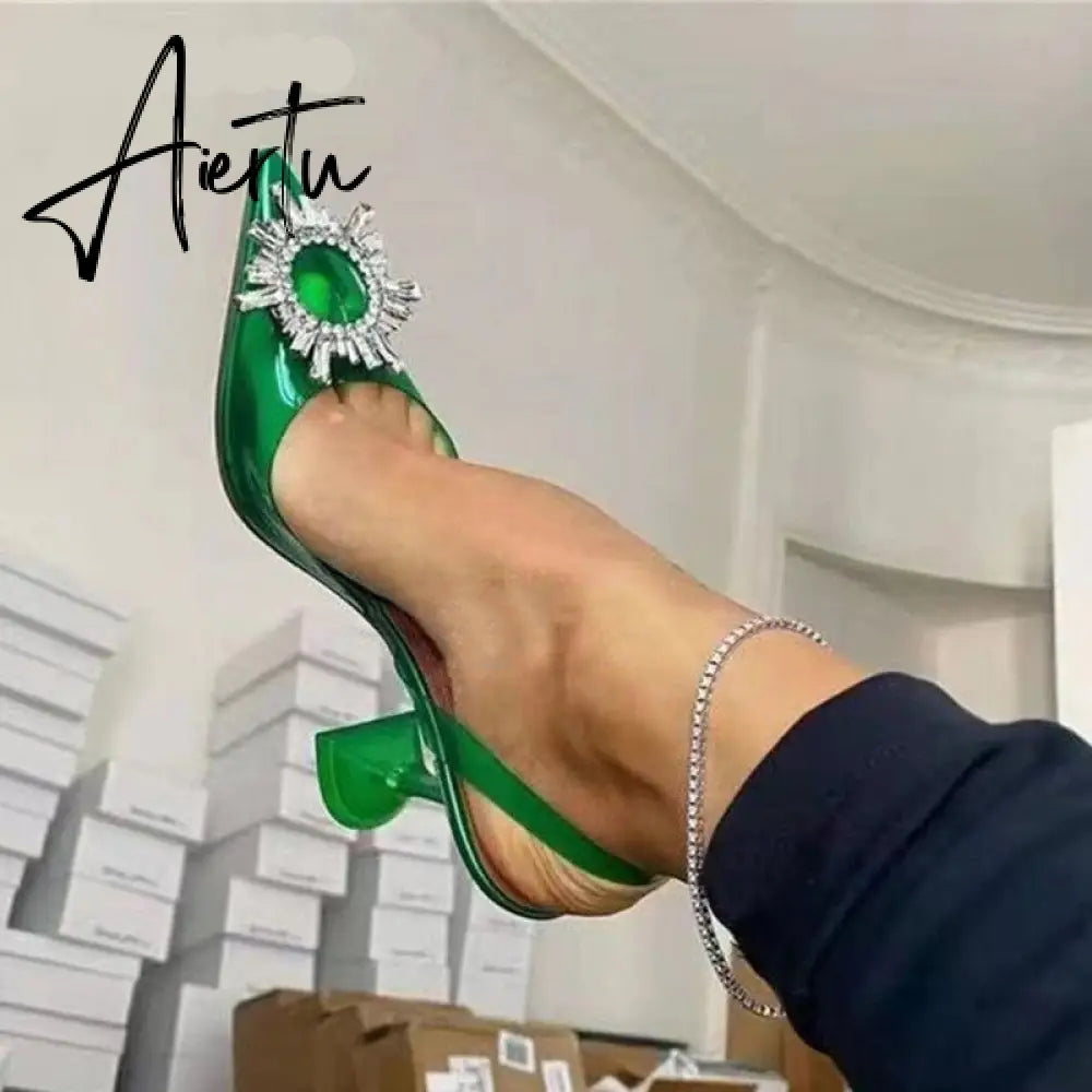 Aiertu Star style Green Blue Soft PVC Women Sandals Fashion Crystal Heeled Slingbacks Summer Shoes High heels Wedding Bride Shoes Aiertu
