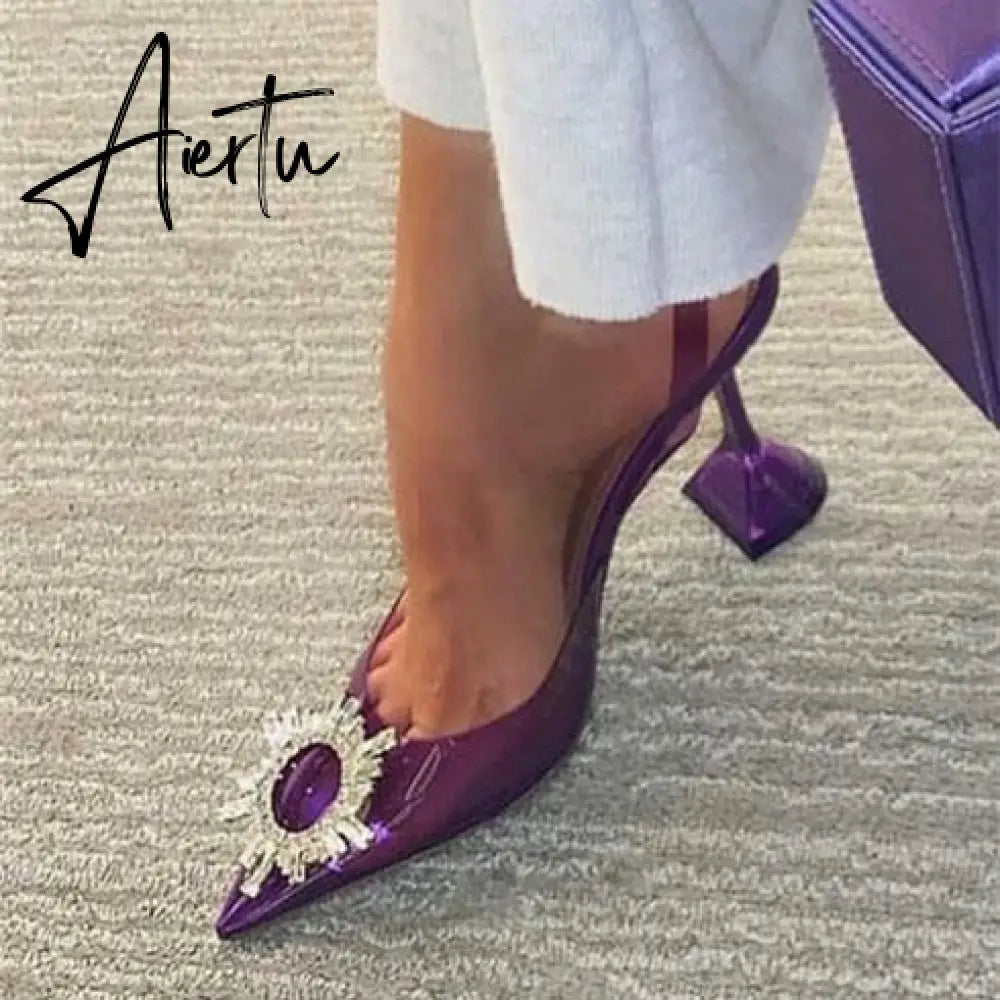 Aiertu Star style Green Blue Soft PVC Women Sandals Fashion Crystal Heeled Slingbacks Summer Shoes High heels Wedding Bride Shoes Aiertu