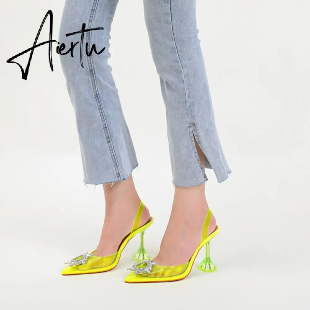 Aiertu Star style Green Blue Soft PVC Women Sandals Fashion Crystal Heeled Slingbacks Summer Shoes High heels Wedding Bride Shoes Aiertu