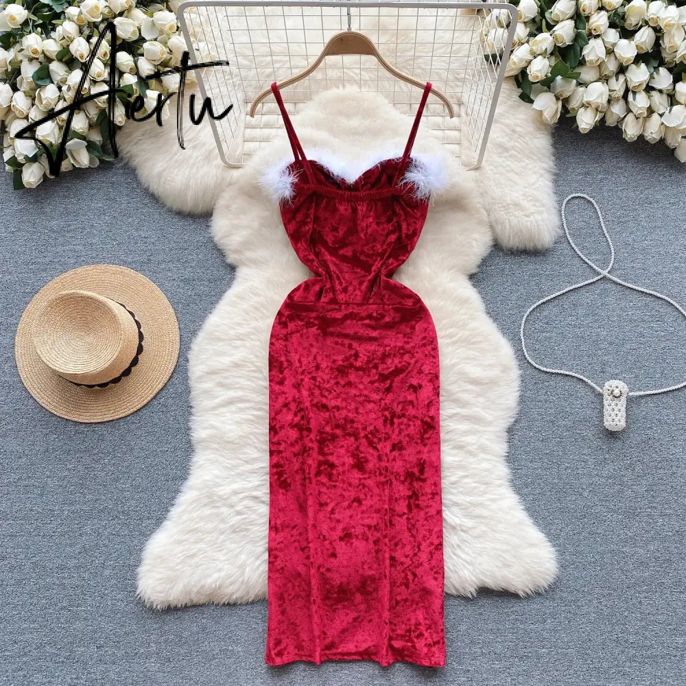 Aiertu Strap Plush Velvet Long Dress Autumn Inside Elastic Ruched Slim Backless Christmas Cosplay Sexy Dress Aiertu