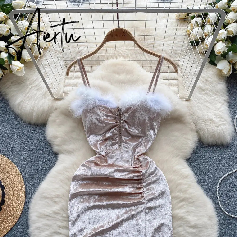Aiertu Strap Plush Velvet Long Dress Autumn Inside Elastic Ruched Slim Backless Christmas Cosplay Sexy Dress Aiertu