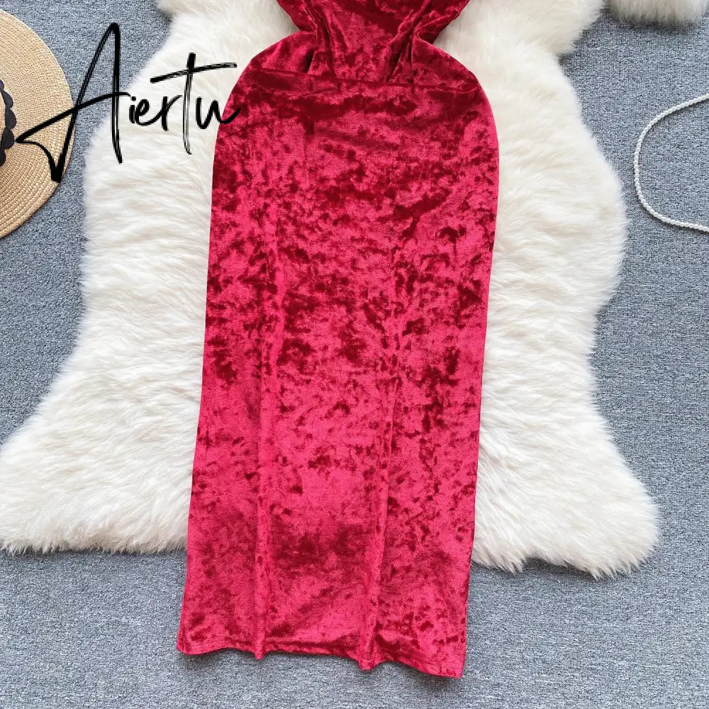 Aiertu Strap Plush Velvet Long Dress Autumn Inside Elastic Ruched Slim Backless Christmas Cosplay Sexy Dress Aiertu