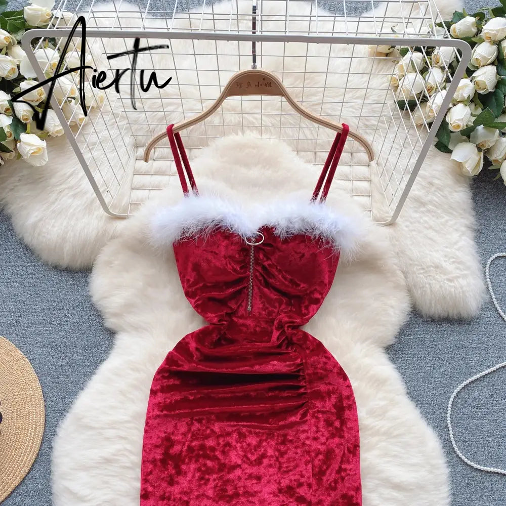 Aiertu Strap Plush Velvet Long Dress Autumn Inside Elastic Ruched Slim Backless Christmas Cosplay Sexy Dress Aiertu