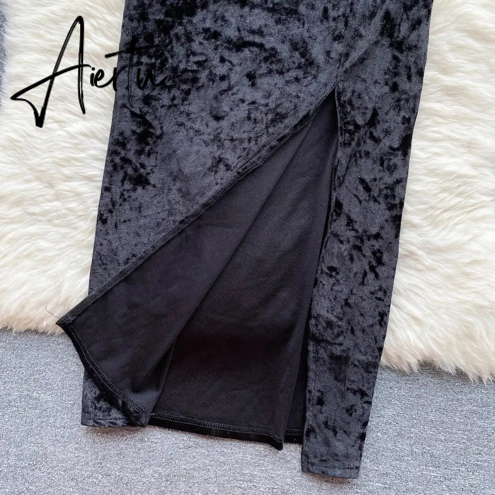 Aiertu Strap Plush Velvet Long Dress Autumn Inside Elastic Ruched Slim Backless Christmas Cosplay Sexy Dress Aiertu