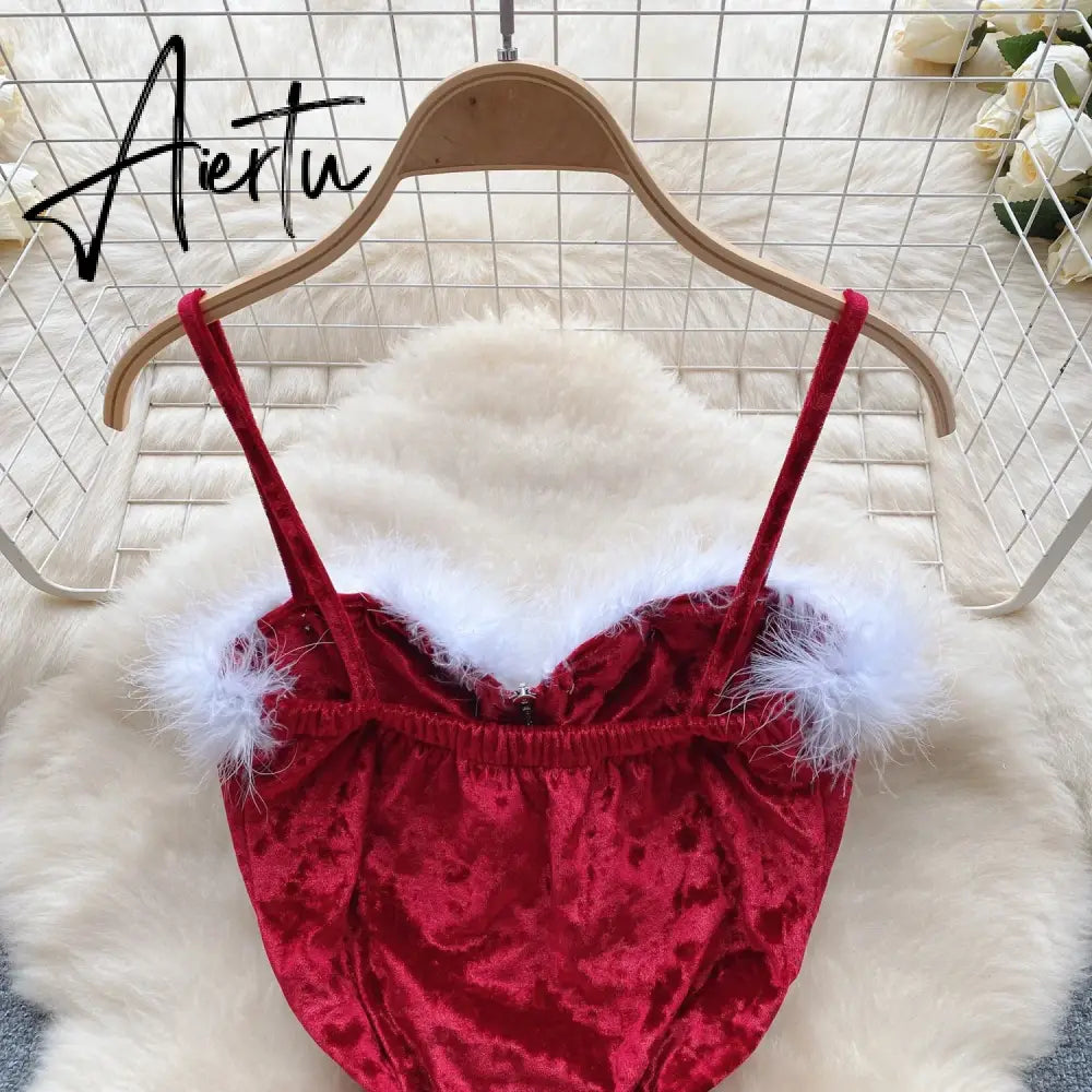 Aiertu Strap Plush Velvet Long Dress Autumn Inside Elastic Ruched Slim Backless Christmas Cosplay Sexy Dress Aiertu