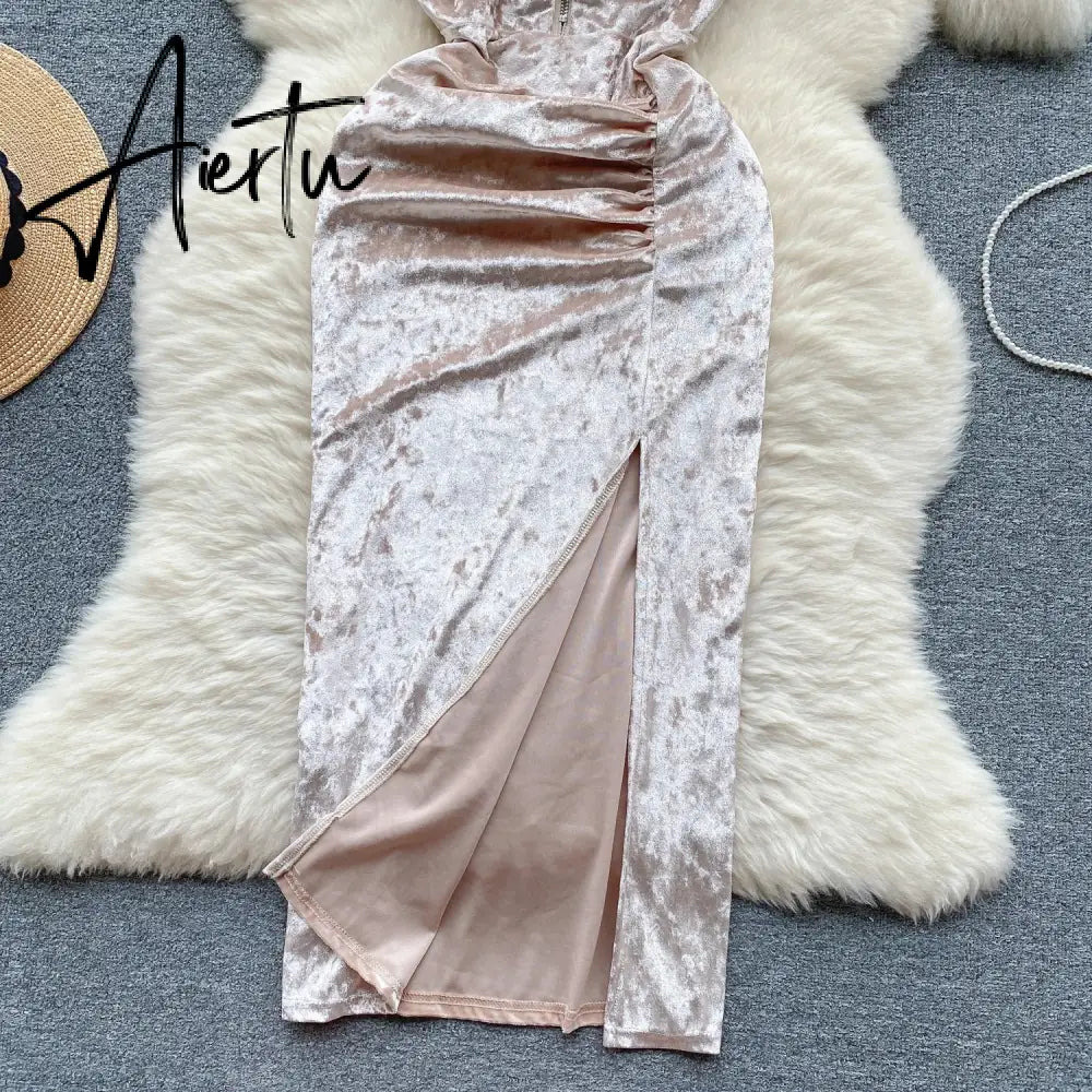 Aiertu Strap Plush Velvet Long Dress Autumn Inside Elastic Ruched Slim Backless Christmas Cosplay Sexy Dress Aiertu