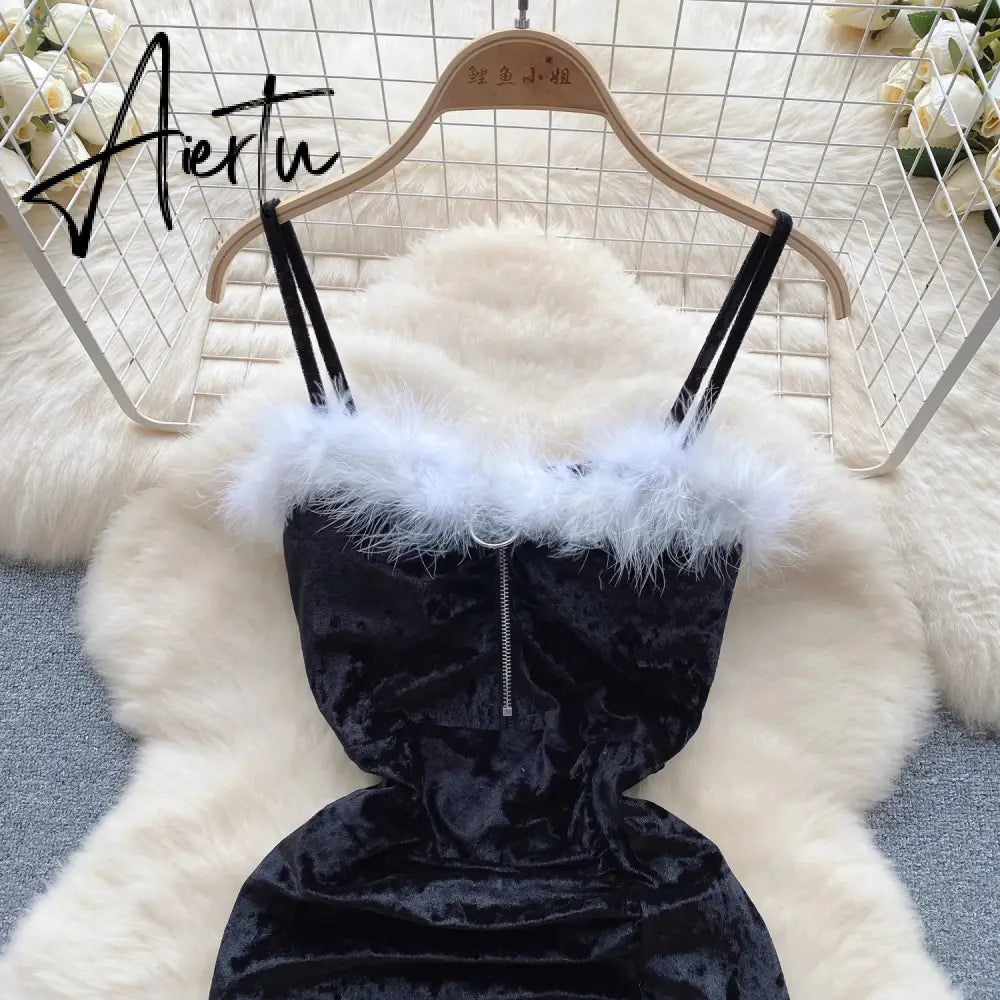 Aiertu Strap Plush Velvet Long Dress Autumn Inside Elastic Ruched Slim Backless Christmas Cosplay Sexy Dress Aiertu