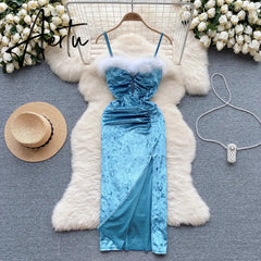 Aiertu Strap Plush Velvet Long Dress Autumn Inside Elastic Ruched Slim Backless Christmas Cosplay Sexy Dress Aiertu