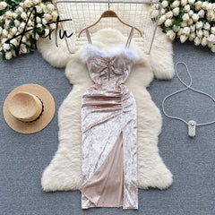 Aiertu Strap Plush Velvet Long Dress Autumn Inside Elastic Ruched Slim Backless Christmas Cosplay Sexy Dress Aiertu