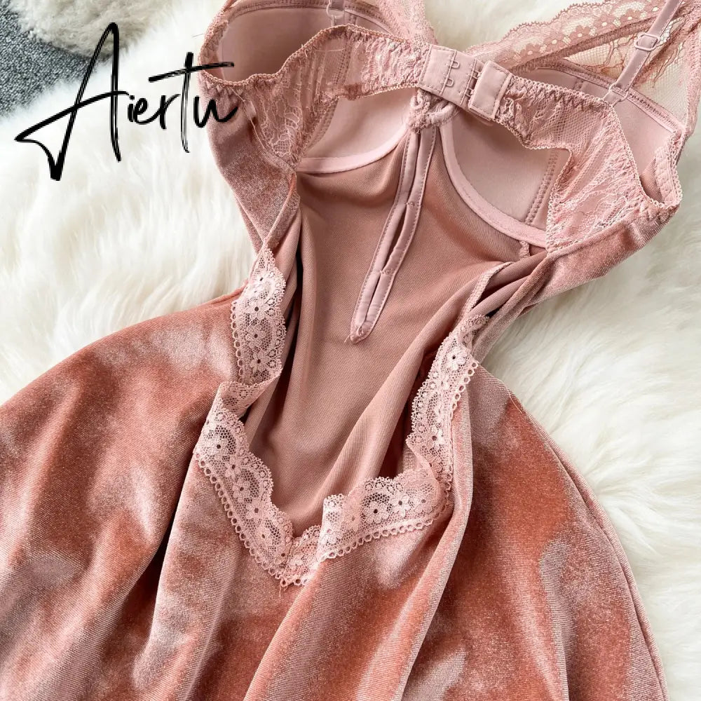 Aiertu   Strap Sexy Velvet Dress Fashion Senior Pearls Sleeveless Slim Women Lace Hollow out Backless High Quality Mini Dress Aiertu