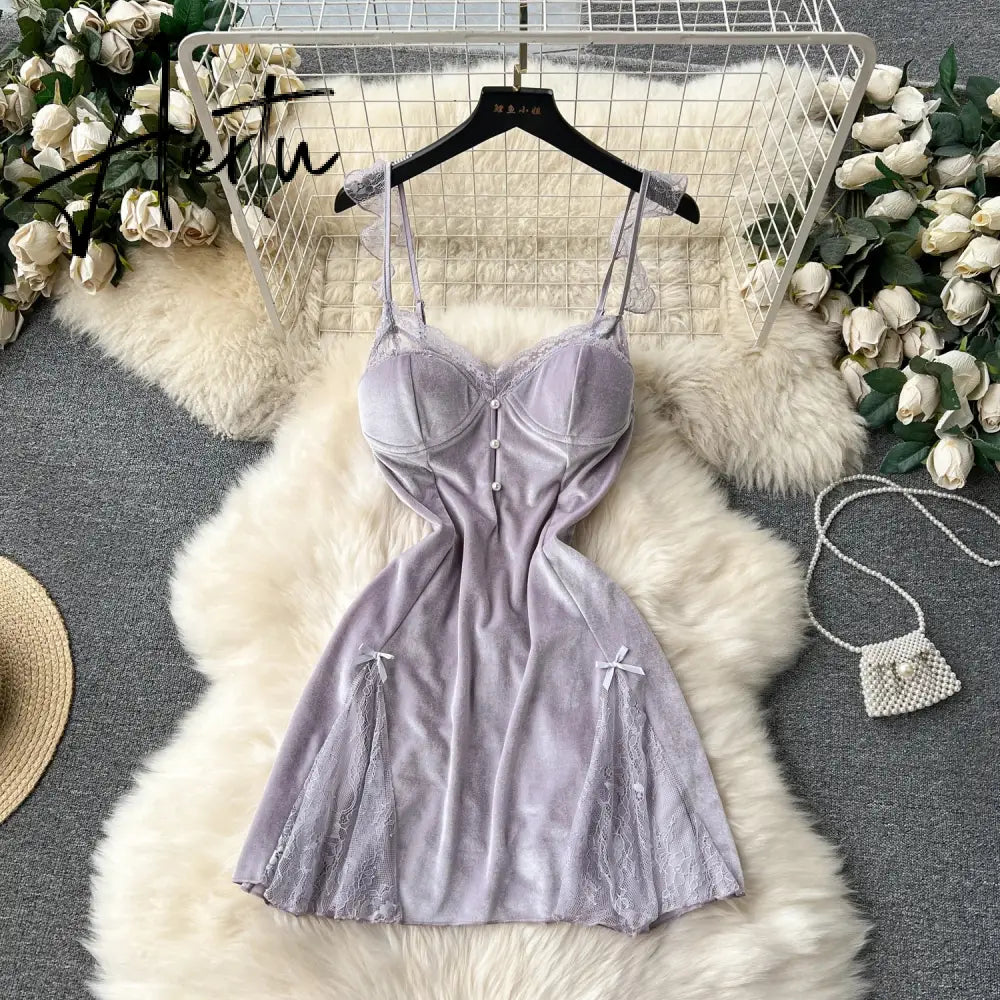 Aiertu   Strap Sexy Velvet Dress Fashion Senior Pearls Sleeveless Slim Women Lace Hollow out Backless High Quality Mini Dress Aiertu