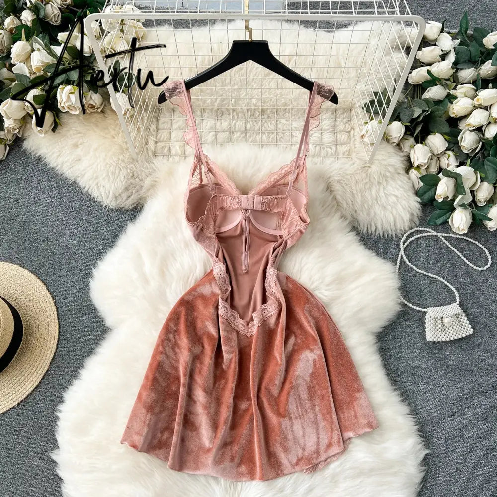 Aiertu   Strap Sexy Velvet Dress Fashion Senior Pearls Sleeveless Slim Women Lace Hollow out Backless High Quality Mini Dress Aiertu