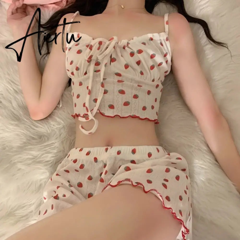 Aiertu Strawberry Pajama Sets Sweet Bandage Slim Sexy 2 Pieces Sleepwear Home Casual Simple Summer Fashion Soft Students Ulzzang Design Aiertu