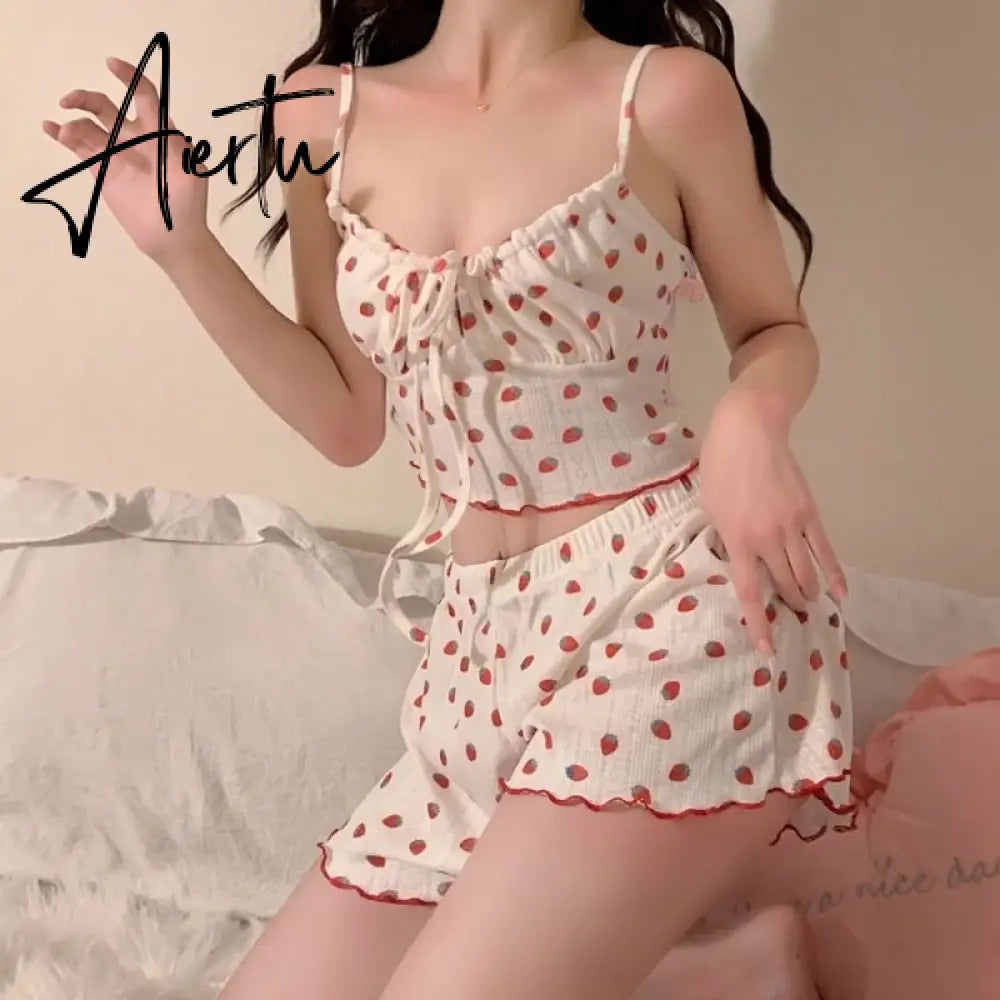 Aiertu Strawberry Pajama Sets Sweet Bandage Slim Sexy 2 Pieces Sleepwear Home Casual Simple Summer Fashion Soft Students Ulzzang Design Aiertu