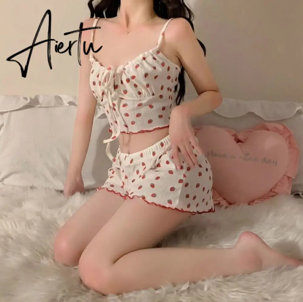 Aiertu Strawberry Pajama Sets Sweet Bandage Slim Sexy 2 Pieces Sleepwear Home Casual Simple Summer Fashion Soft Students Ulzzang Design Aiertu