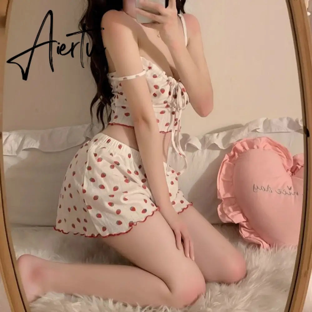 Aiertu Strawberry Pajama Sets Sweet Bandage Slim Sexy 2 Pieces Sleepwear Home Casual Simple Summer Fashion Soft Students Ulzzang Design Aiertu