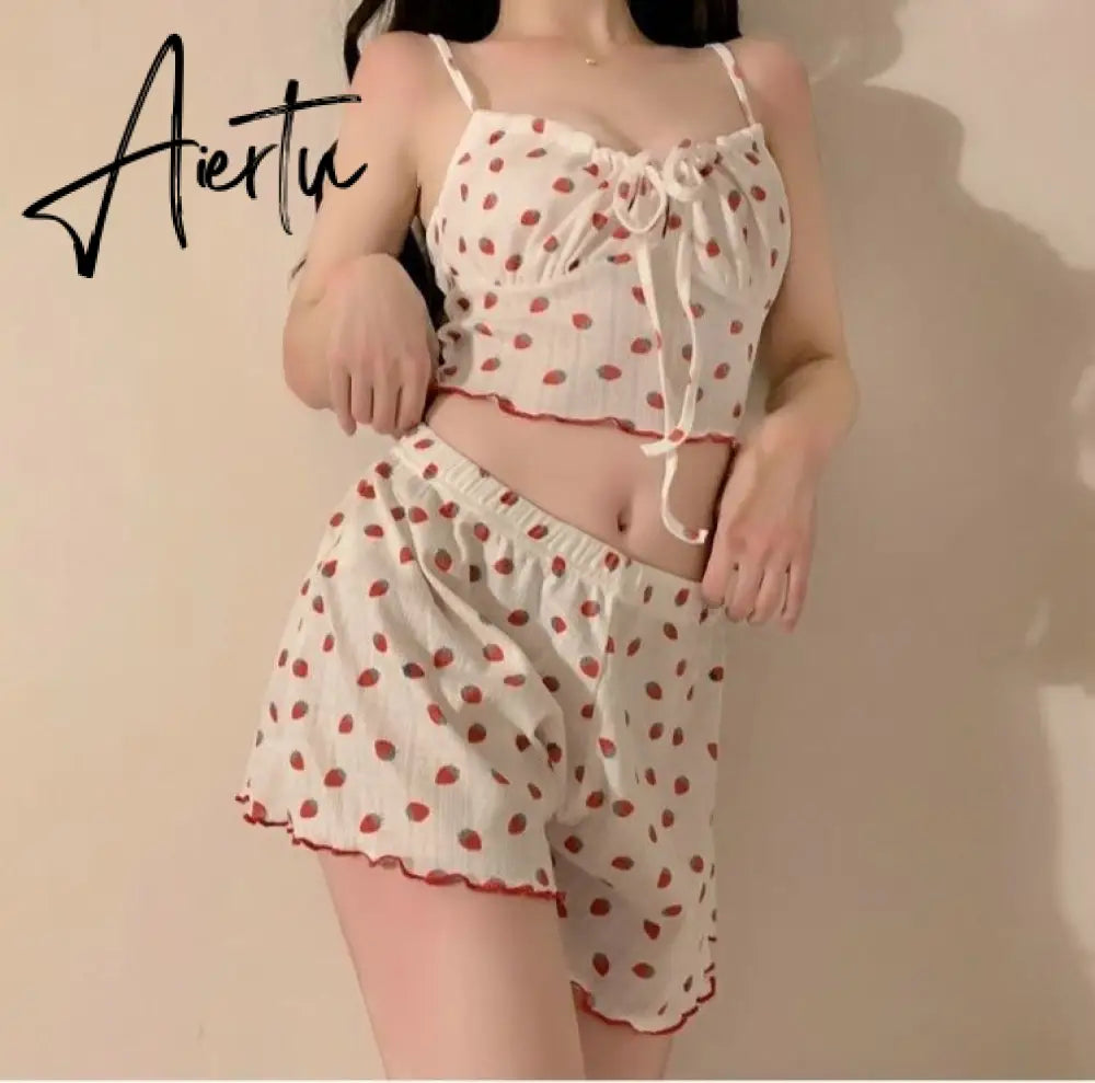 Aiertu Strawberry Pajama Sets Sweet Bandage Slim Sexy 2 Pieces Sleepwear Home Casual Simple Summer Fashion Soft Students Ulzzang Design Aiertu