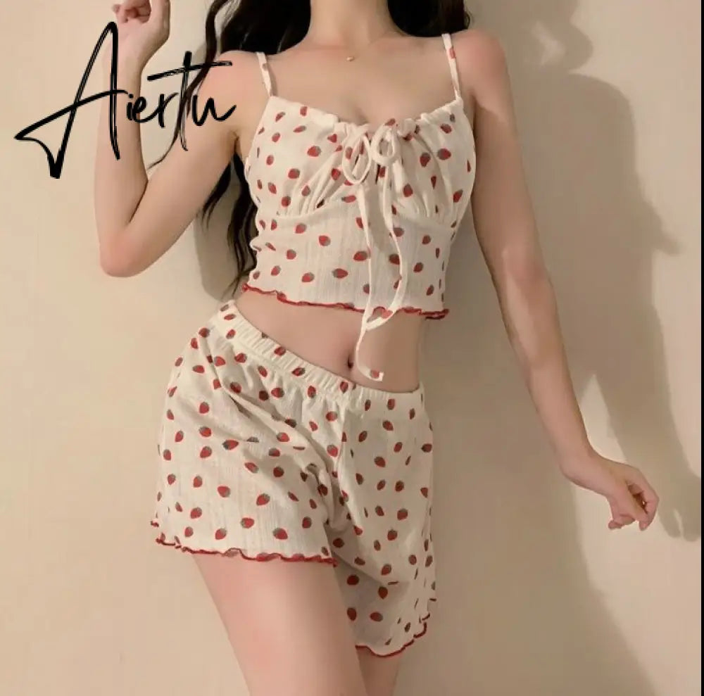 Aiertu Strawberry Pajama Sets Sweet Bandage Slim Sexy 2 Pieces Sleepwear Home Casual Simple Summer Fashion Soft Students Ulzzang Design Aiertu