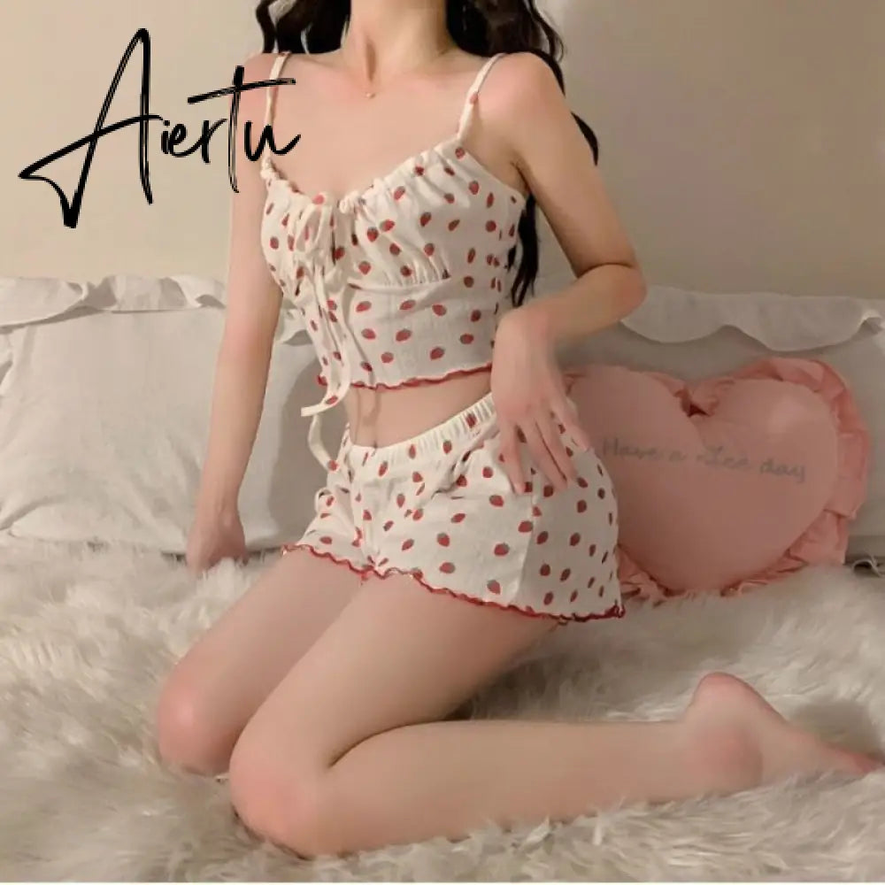 Aiertu Strawberry Pajama Sets Sweet Bandage Slim Sexy 2 Pieces Sleepwear Home Casual Simple Summer Fashion Soft Students Ulzzang Design Aiertu