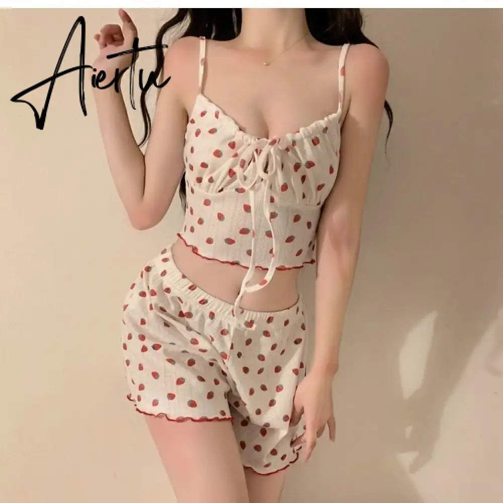 Aiertu Strawberry Pajama Sets Sweet Bandage Slim Sexy 2 Pieces Sleepwear Home Casual Simple Summer Fashion Soft Students Ulzzang Design Aiertu