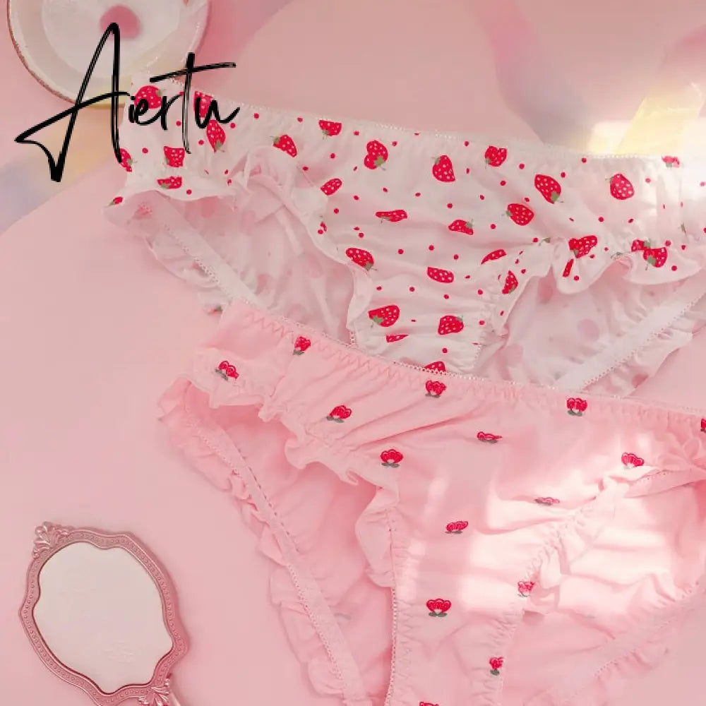 Aiertu  Strawberry / Print Japanese Milk Silk Bra & Panties Set Wirefree Soft Underwear Intimates Set Kawaii Lolita Bra and Panty Set Aiertu