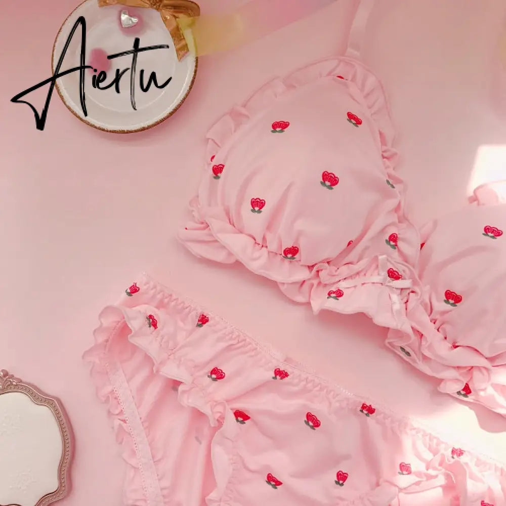 Aiertu  Strawberry / Print Japanese Milk Silk Bra & Panties Set Wirefree Soft Underwear Intimates Set Kawaii Lolita Bra and Panty Set Aiertu