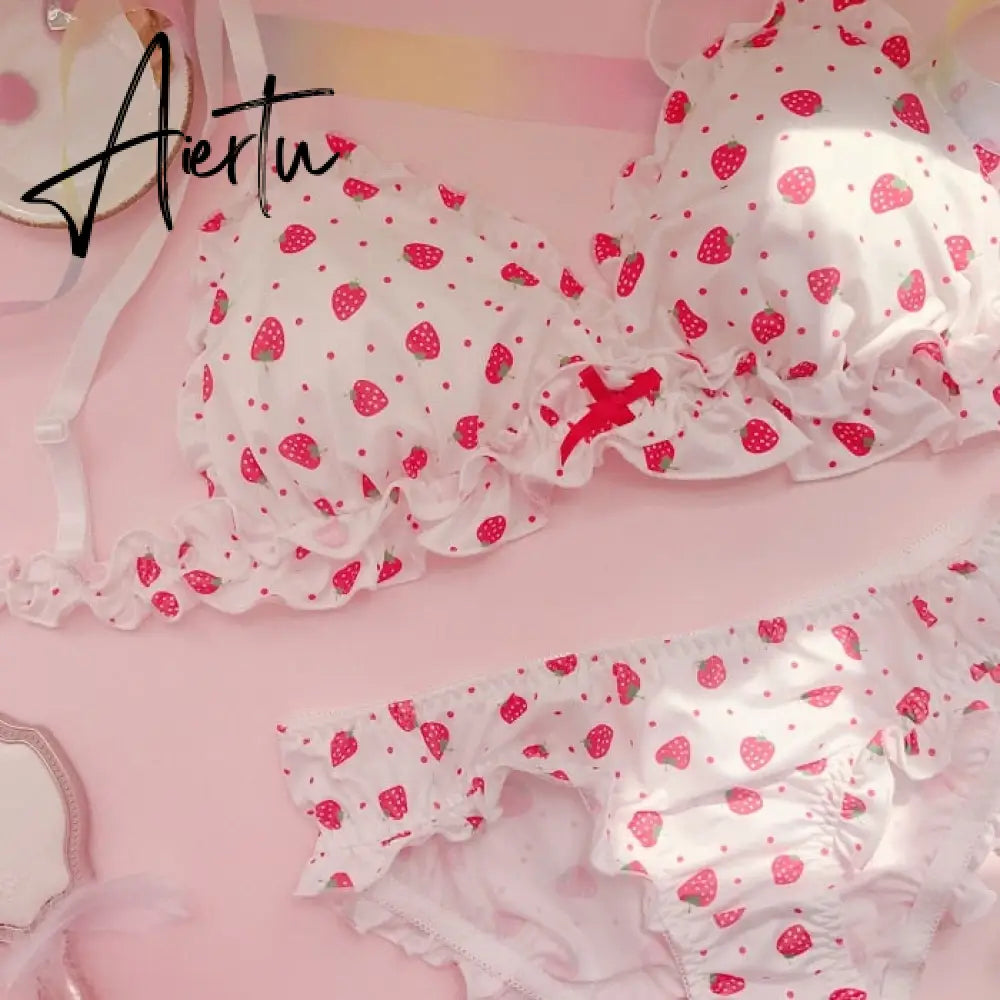 Aiertu  Strawberry / Print Japanese Milk Silk Bra & Panties Set Wirefree Soft Underwear Intimates Set Kawaii Lolita Bra and Panty Set Aiertu
