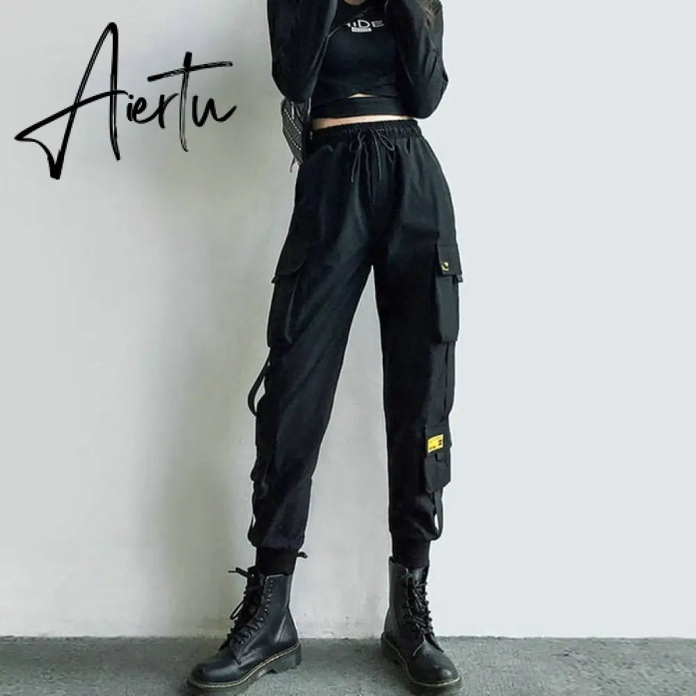 Aiertu Streetwear Cargo Pants Women Casual Joggers Black High Waist Loose Female Trousers Korean Style Ribbon Ladies Pants Aiertu