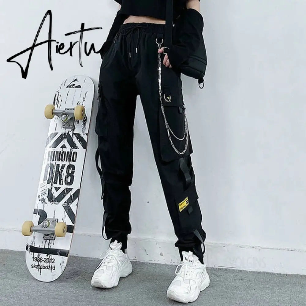 Aiertu Streetwear Cargo Pants Women Casual Joggers Black High Waist Loose Female Trousers Korean Style Ribbon Ladies Pants Aiertu