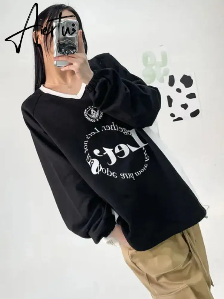 Aiertu Streetwear New Letter Print Hoodies Women Vintage Harajuku Sweatshirt Loose Tops Y2k Aesthetic Patchwork All Match Fashion Hoody Aiertu