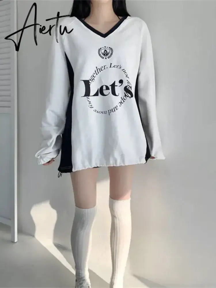 Aiertu Streetwear New Letter Print Hoodies Women Vintage Harajuku Sweatshirt Loose Tops Y2k Aesthetic Patchwork All Match Fashion Hoody Aiertu